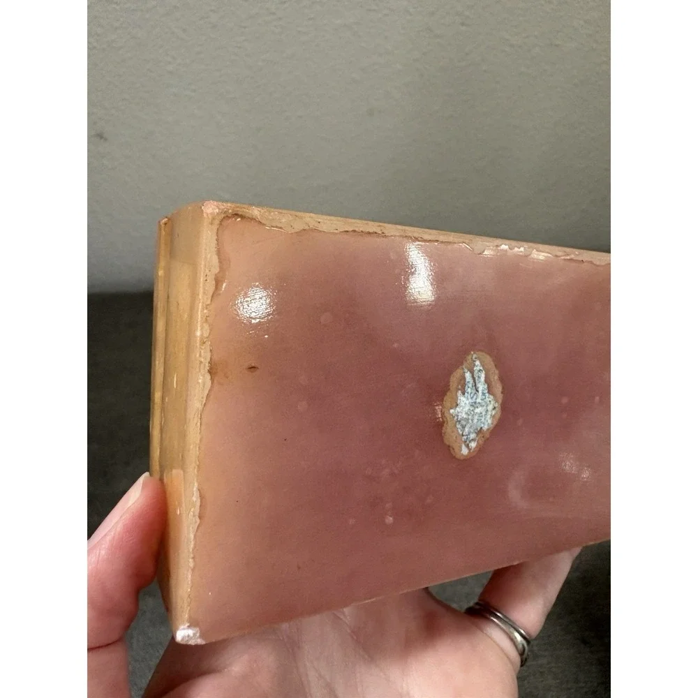 Vintage‎ Italian Pink Alabaster Jewelry Trinket Box Painted Floral Lid Italy